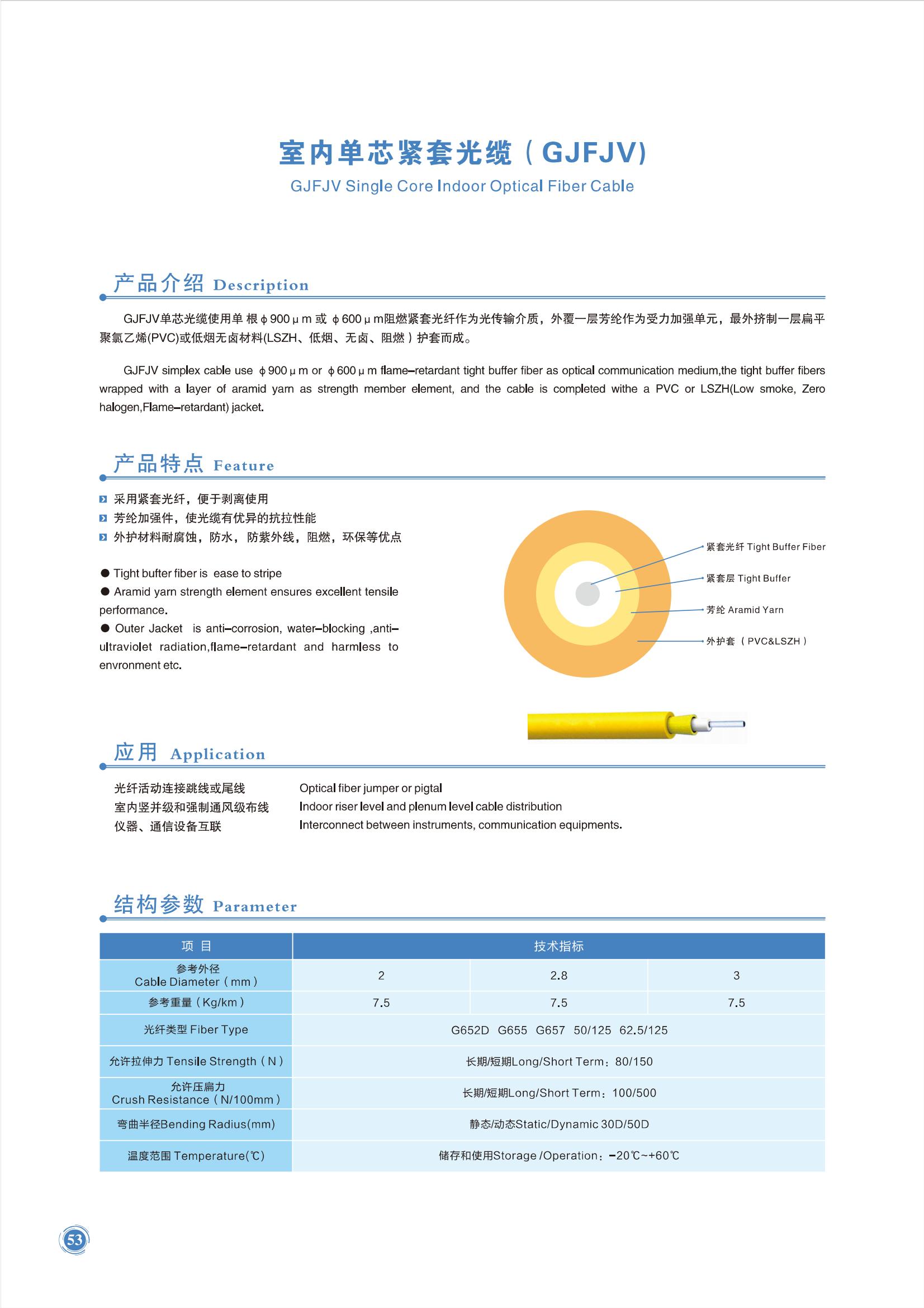 GJFJV Single Core Indoor Optical Fiber Cable